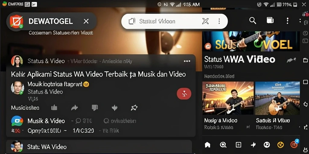 Screenshot aplikasi DEWATOGEL menampilkan pemilihan video status WA yang menarik.