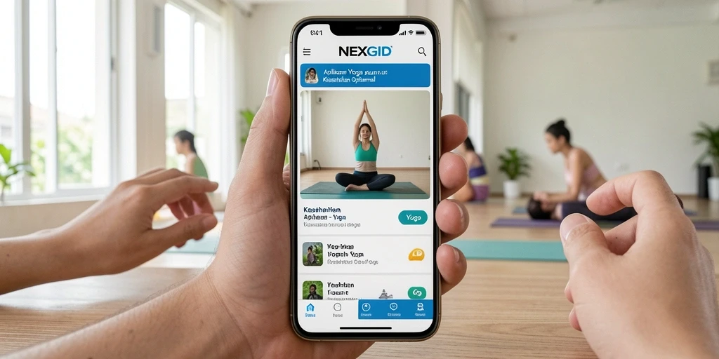 Antarmuka NEXGID menampilkan berbagai pose Yoga yang mudah diikuti.