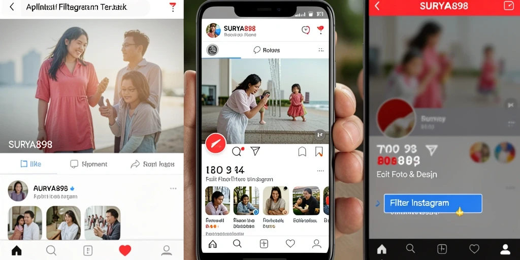 Antarmuka aplikasi SURYA898 dengan berbagai pilihan filter Instagram.